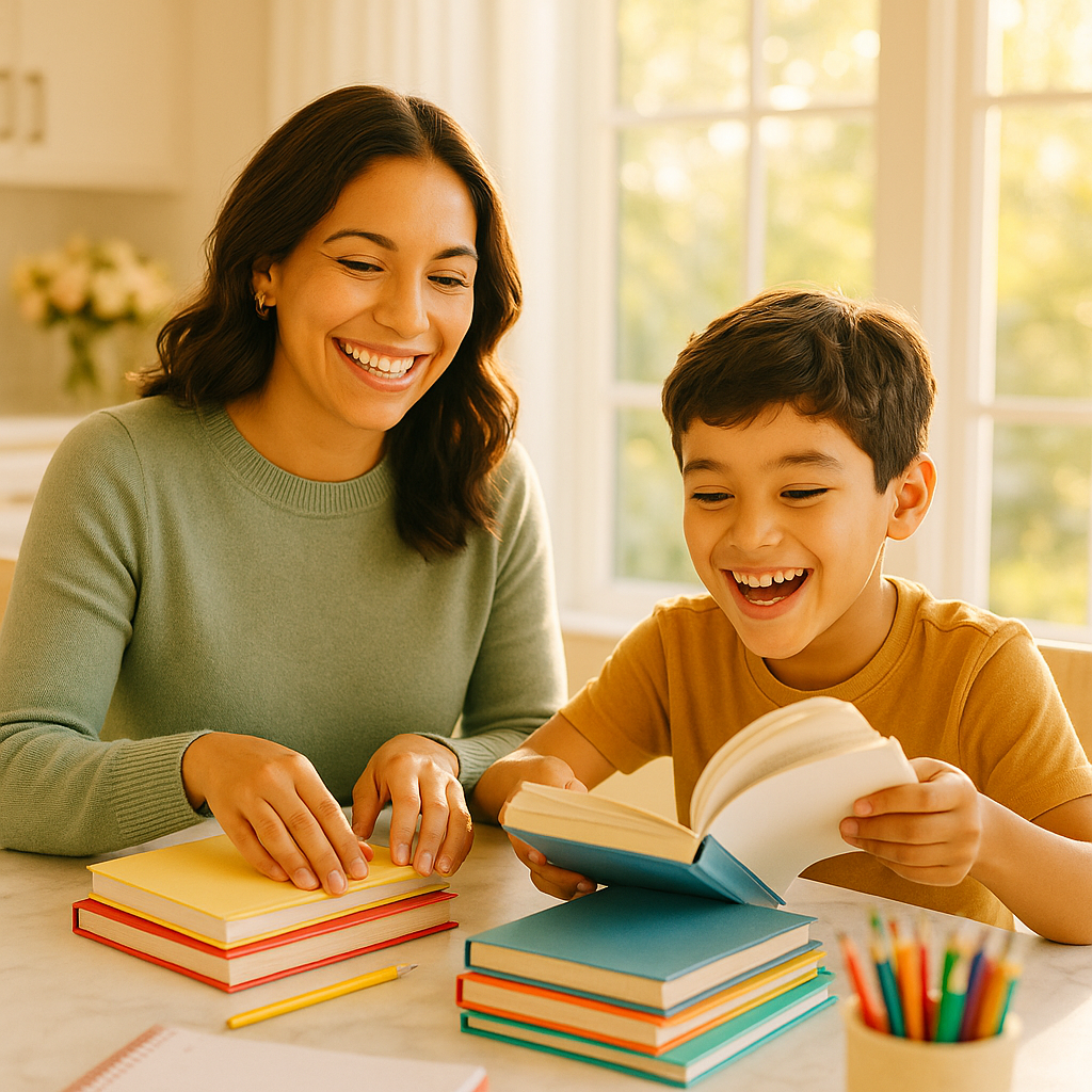 Parent and child organizing school supplies at home