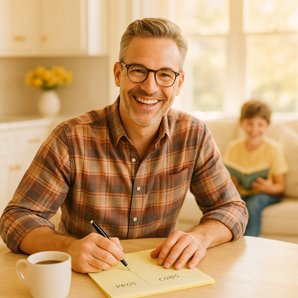 A parent sitting at a bright kitchen table with an open notebook and a cup of coffee, thoughtfully reviewing homeschool options
