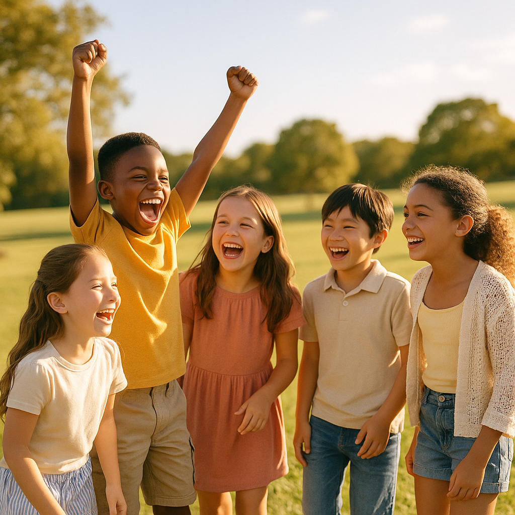 A joyful group of homeschool children laughing and playing together outdoors on a sunny day