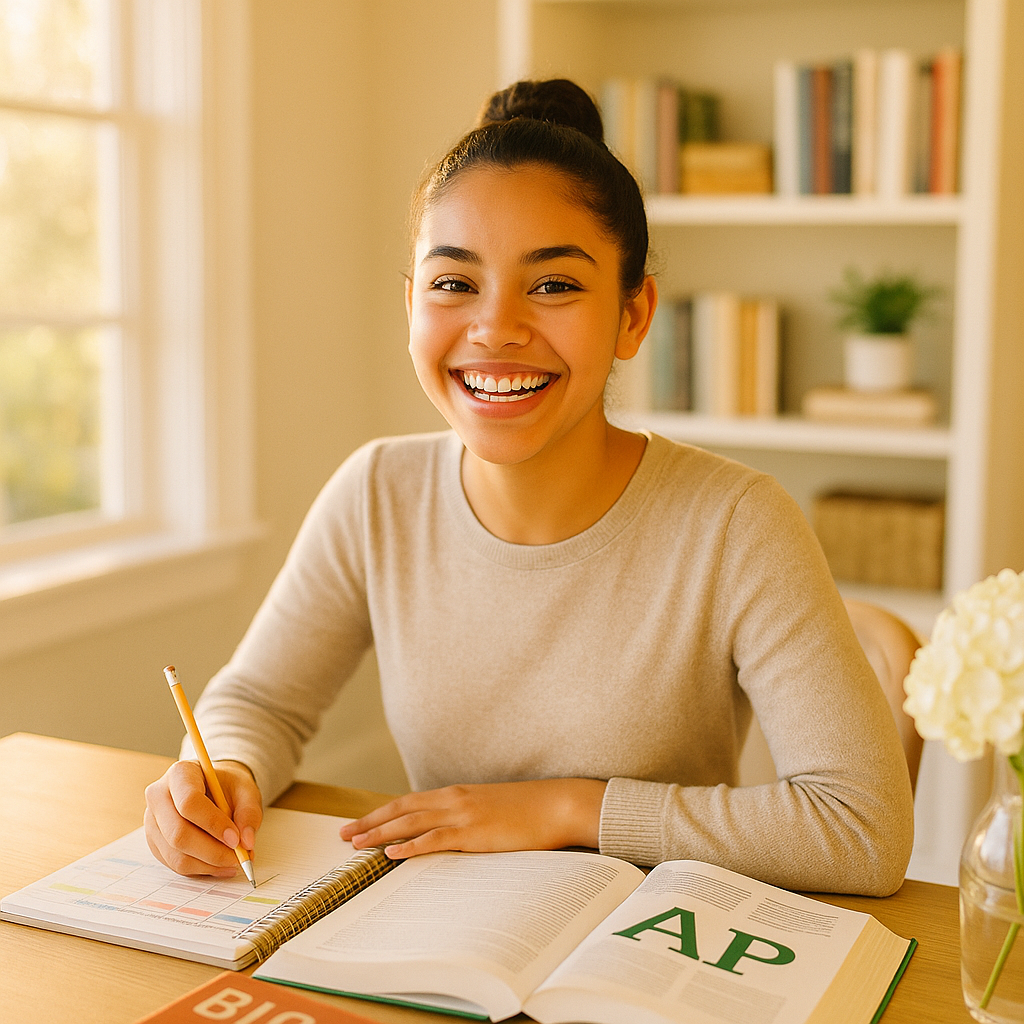 A confident teenage homeschooler at a bright home desk with AP textbooks and a color-coded study planner — self-directed and capable