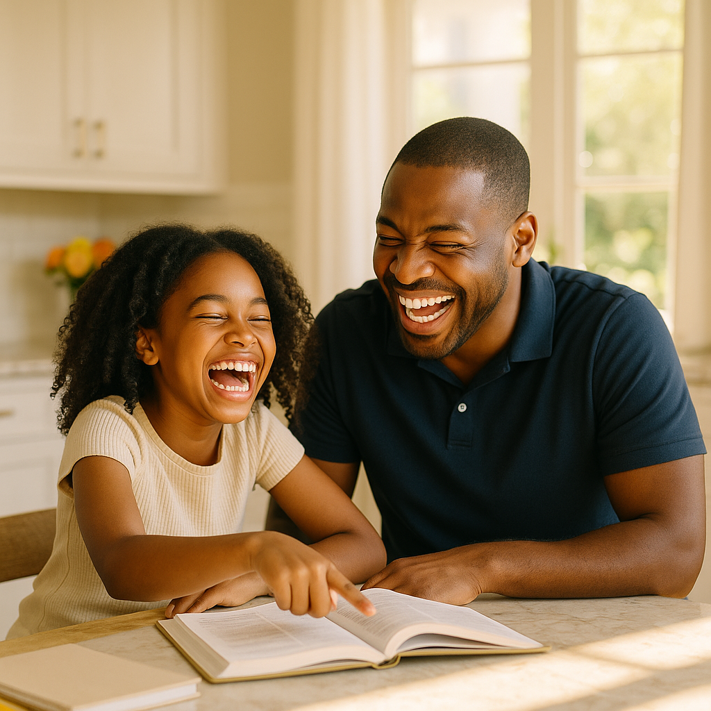 Parent and child laughing together over a colorful textbook at home