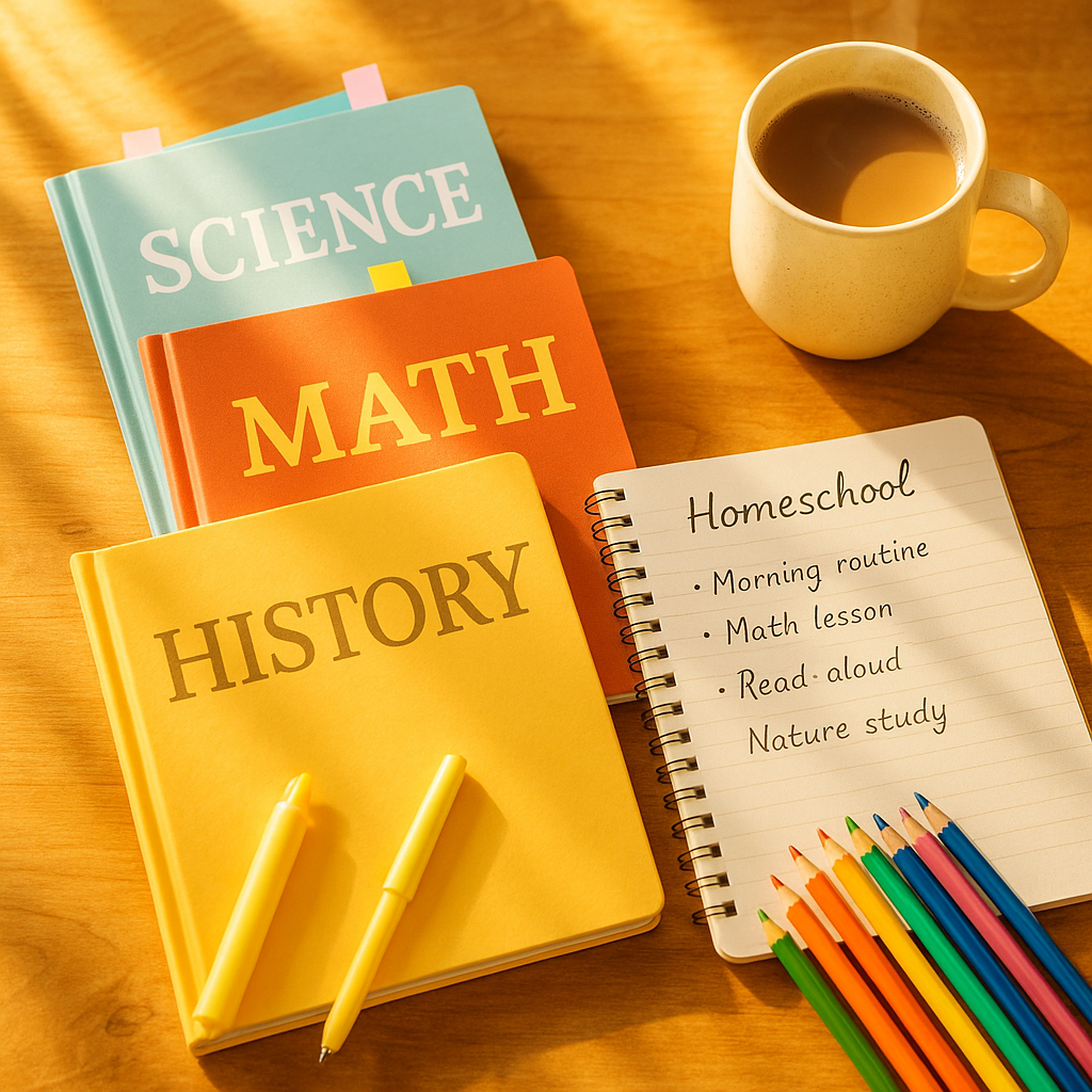 Colorful spread of educational books and curriculum materials on a wooden table