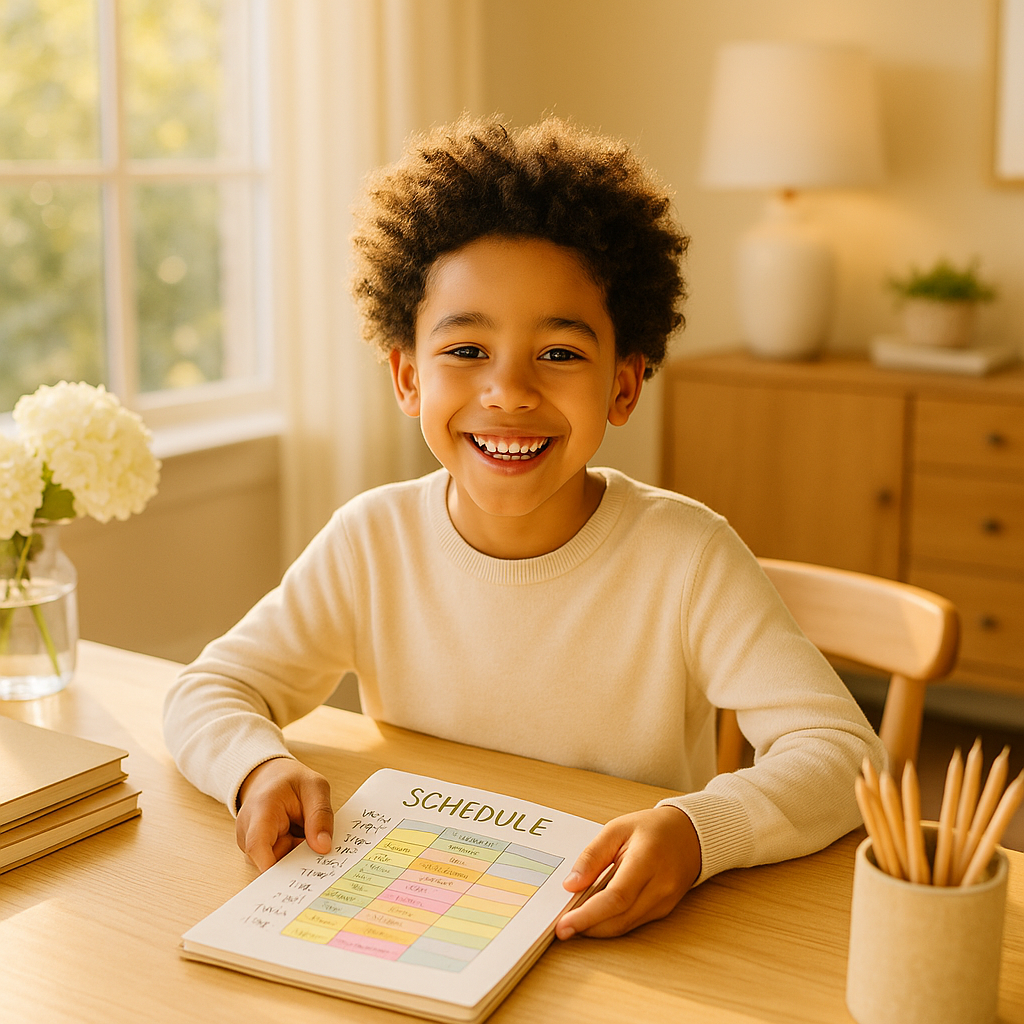 A child working at a bright home desk with an open planner and books in warm morning light