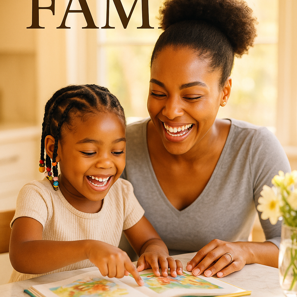 A parent sitting with a young child at a bright home table, working through early reading activities together
