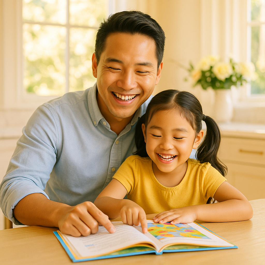 A parent sitting beside a first-grade child at a bright home table, both looking at an open colorful book together