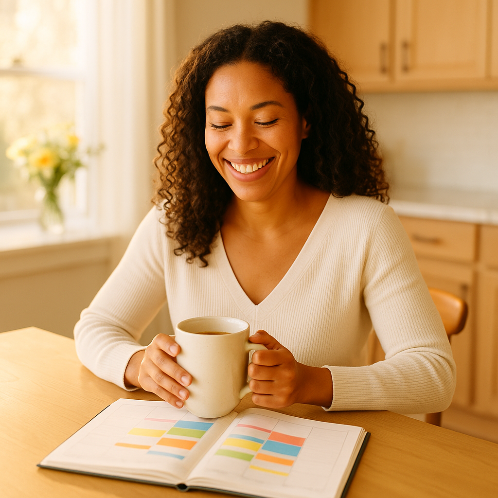 A parent reviewing a handwritten daily schedule planner at a bright home table with tea and school materials nearby