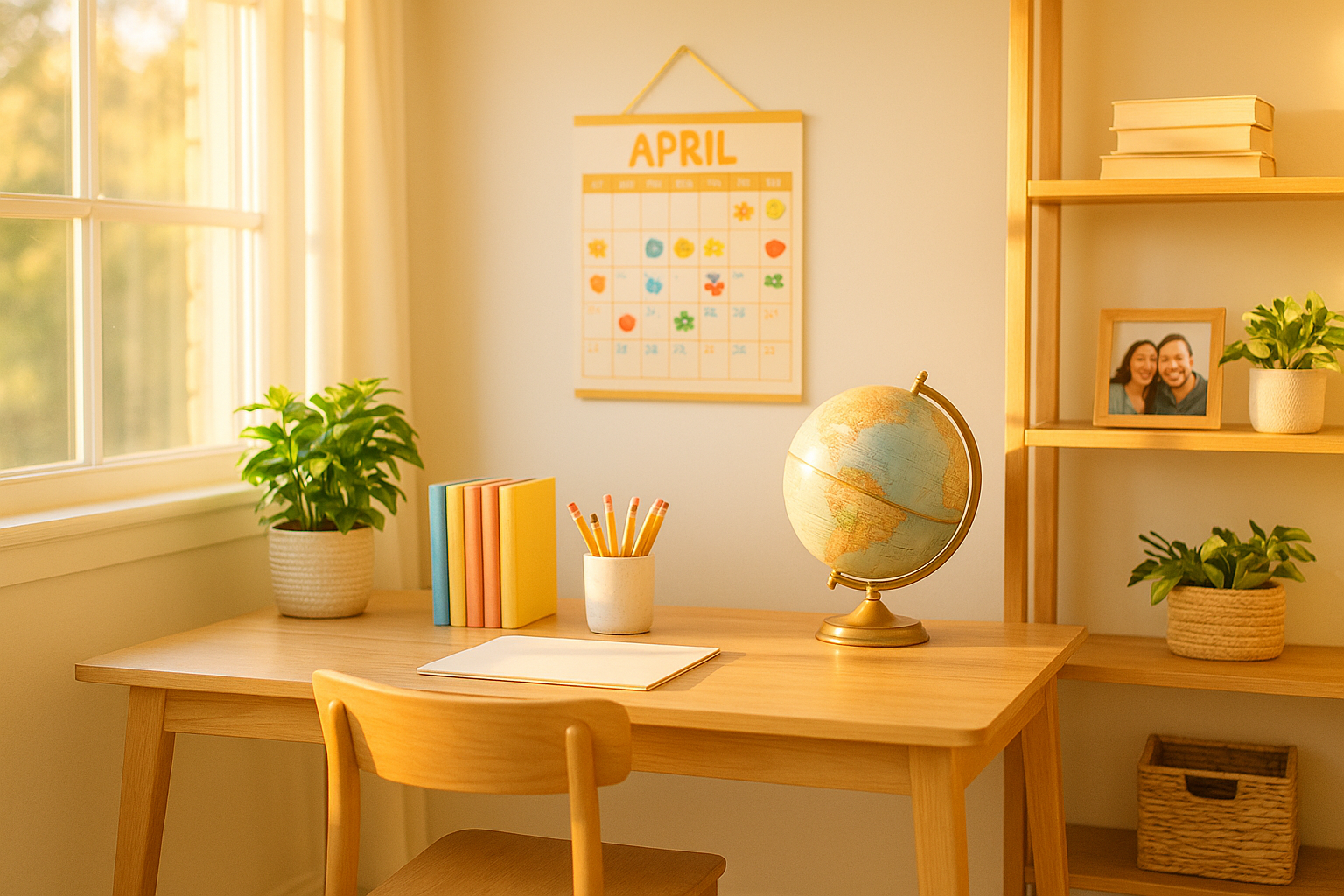 Bright beautifully organized home learning space with books and morning light