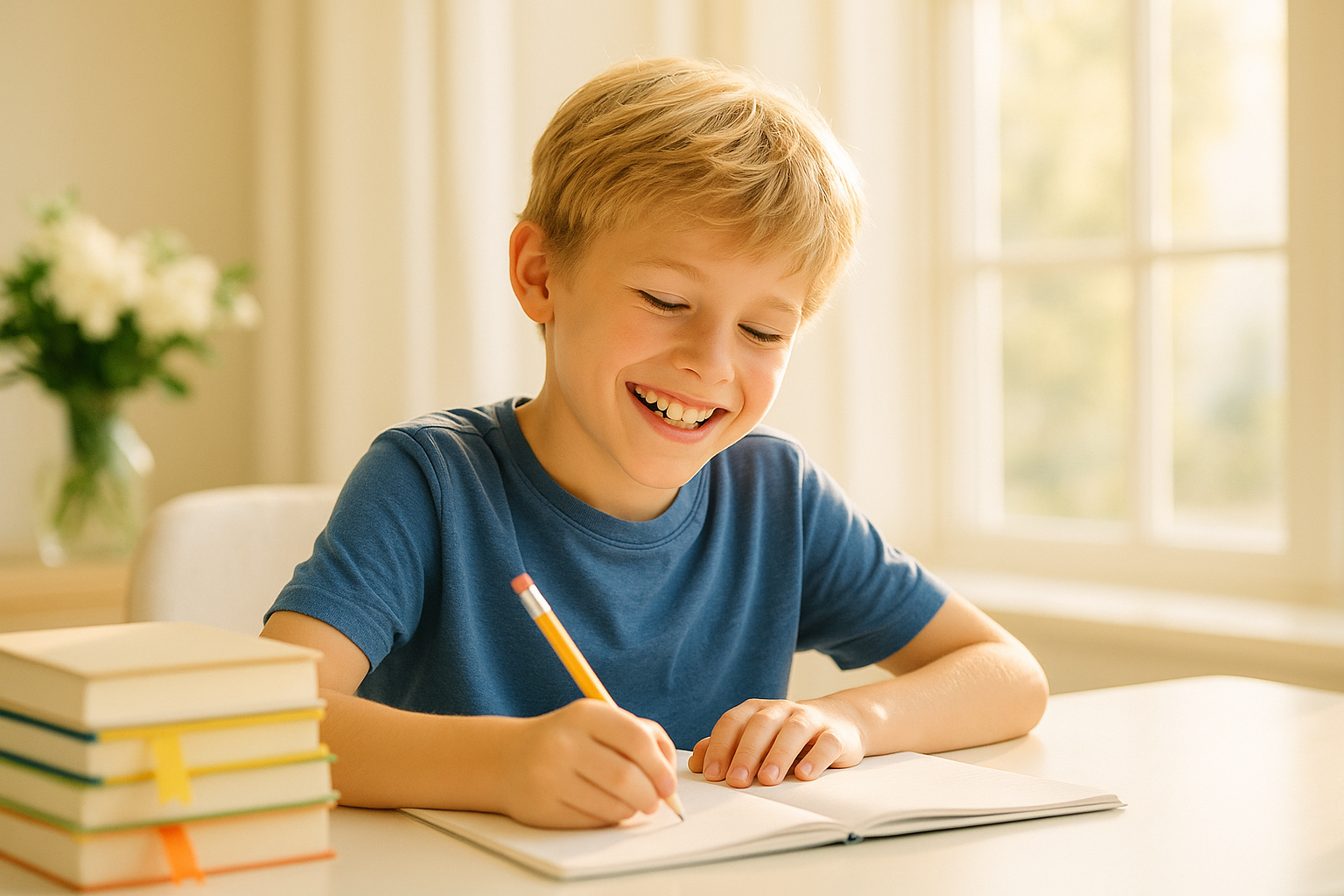 Child focused and writing in a notebook at a bright home desk