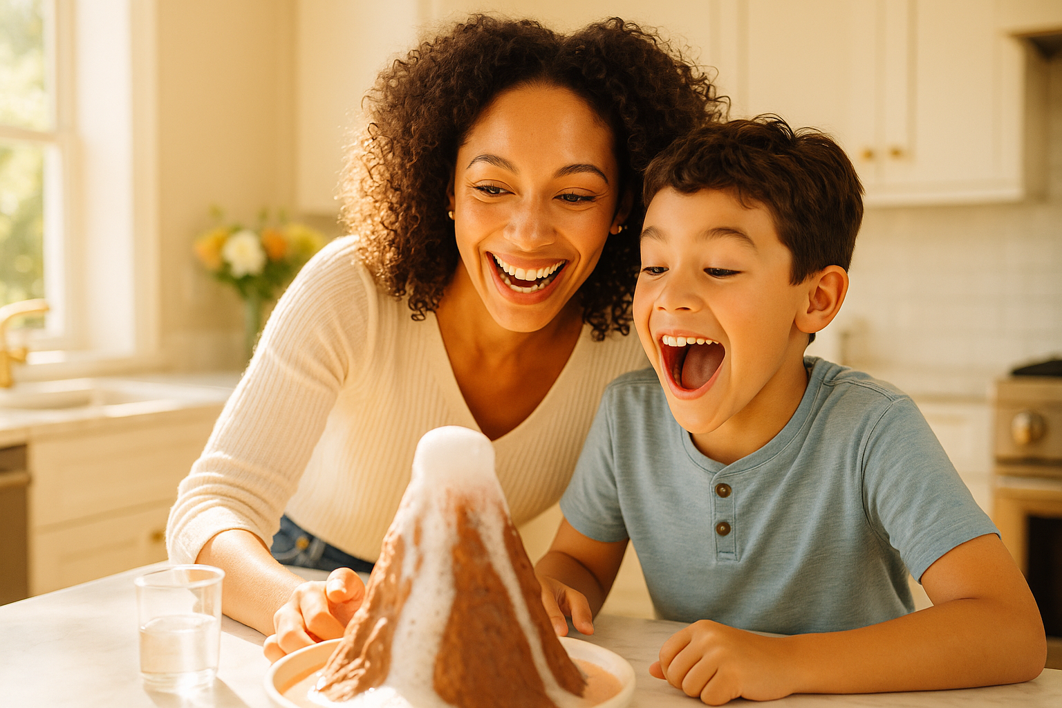Parent and child doing a hands-on science experiment at the kitchen table