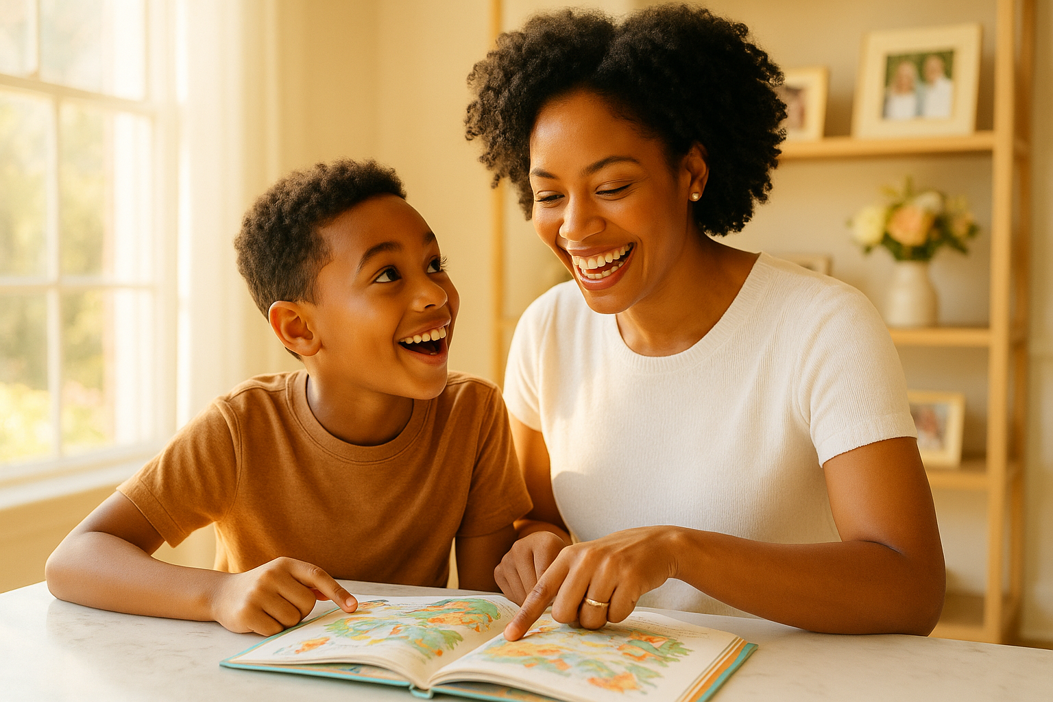 A parent and child sitting together at a bright home table reviewing homeschool materials, warm natural light, genuine connection