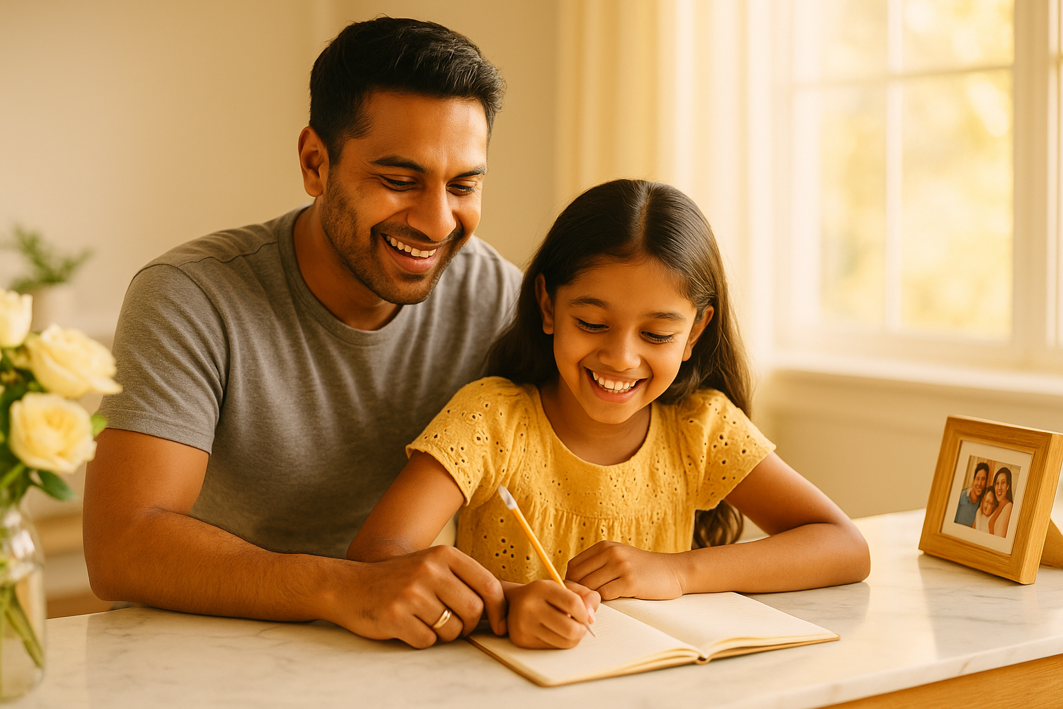 A parent and school-age child working together with focus and warmth at a bright home table, books open, morning light