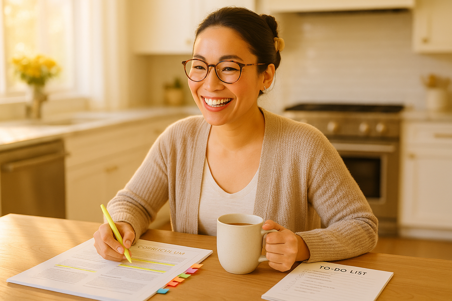 A parent reviewing homeschool curriculum materials at a bright kitchen table with organized books and supplies, warm morning light