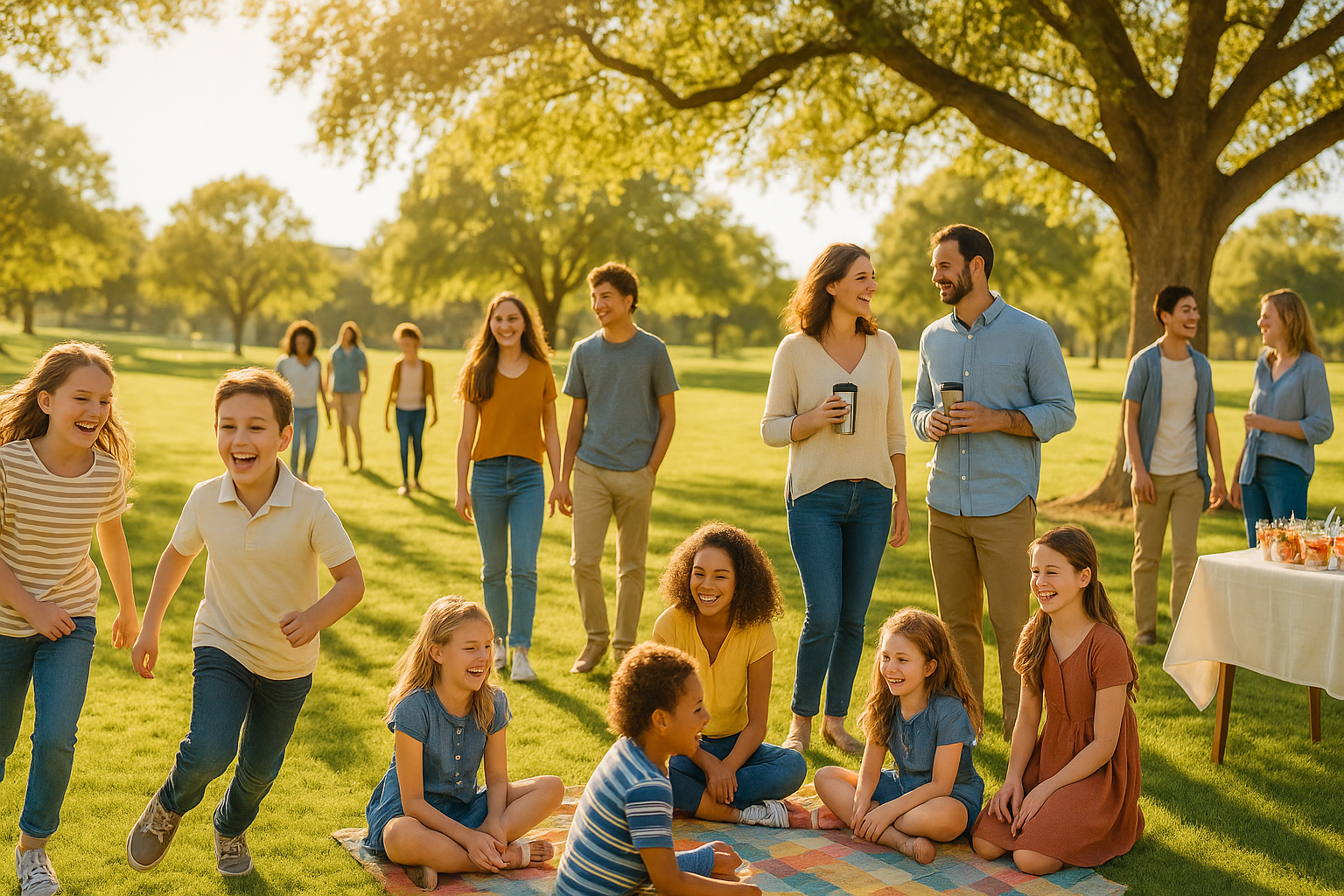 A group of homeschool children and parents gathered outdoors on a sunny day, laughing and engaged in a group activity together — warm natural light, genuine community