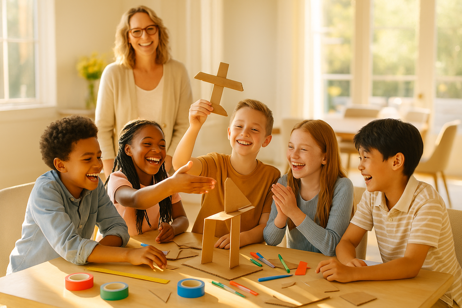 A group of school-age homeschool children gathered around a table doing a collaborative activity together, warm smiles, natural window light