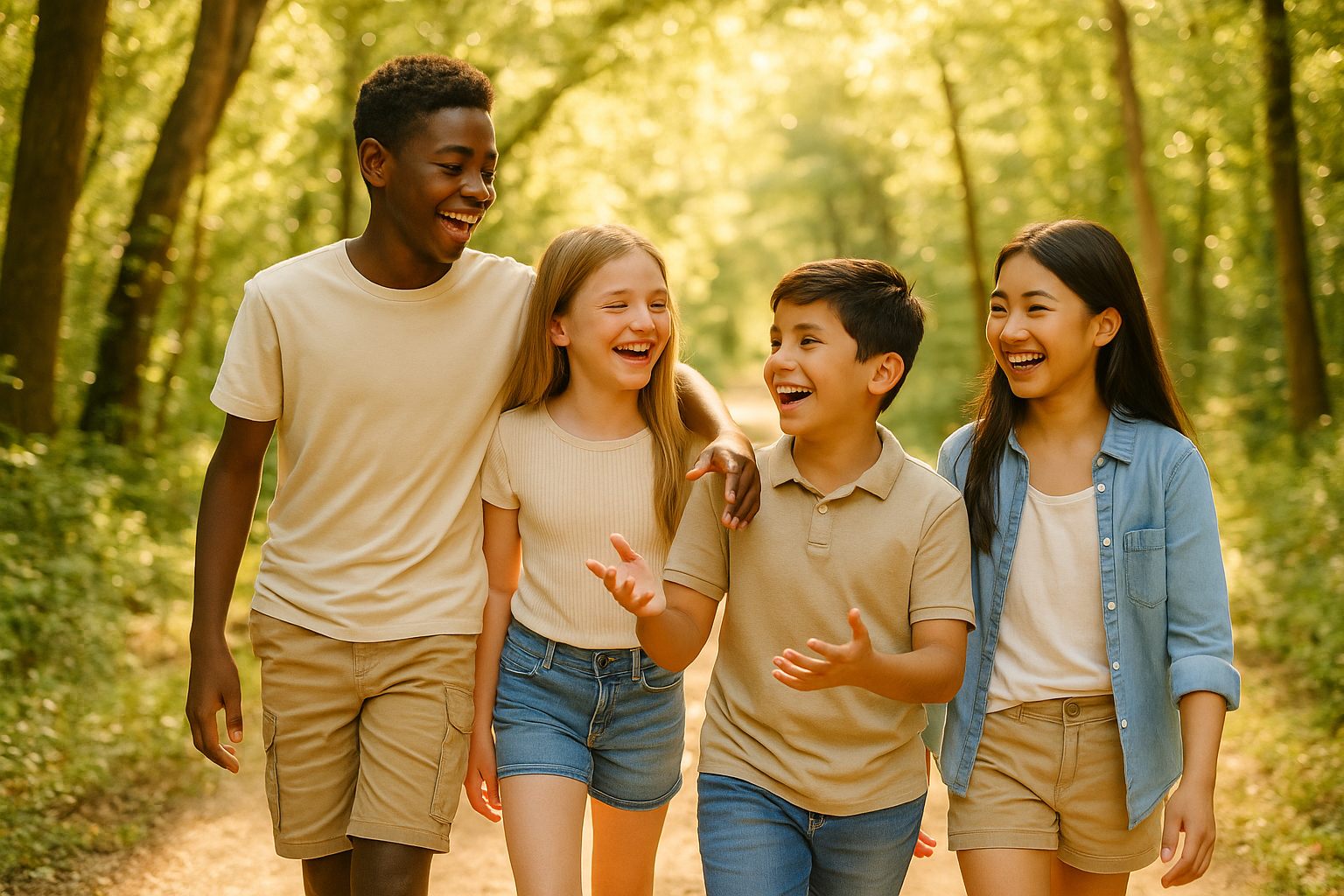 Homeschool children exploring outdoors together on a sunny day, pointing and looking at something in nature with curiosity and genuine excitement