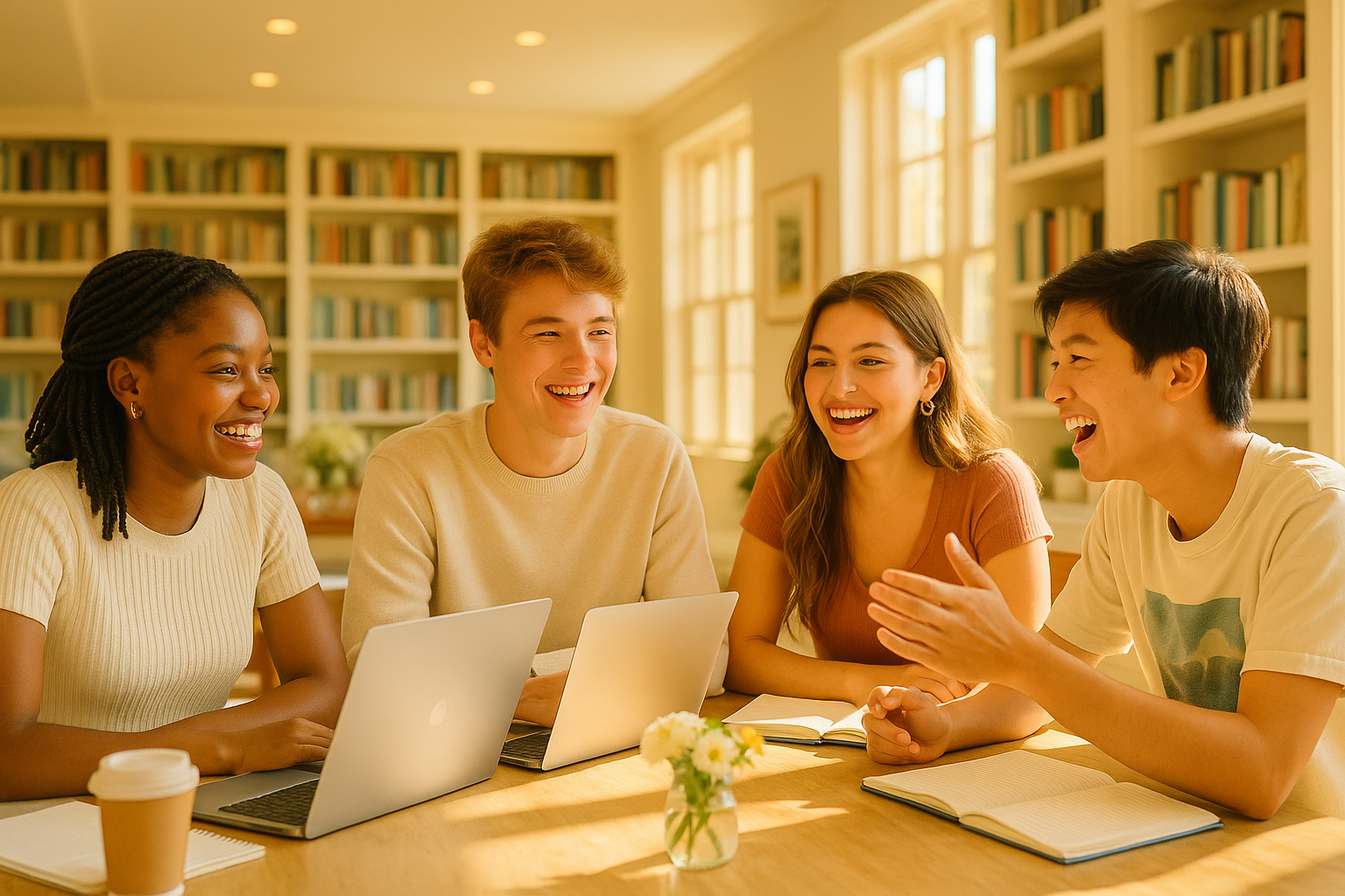 A group of homeschool teenagers working together on a project at a bright community table, engaged in conversation and collaboration