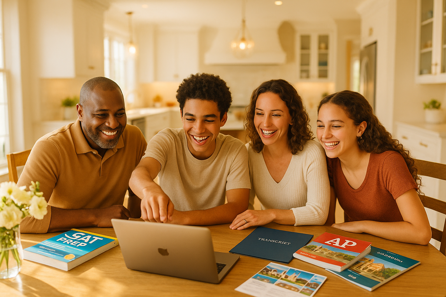A family of four gathered around a bright dining table with AP textbooks, college brochures, and a laptop — smiling and engaged in high school planning together