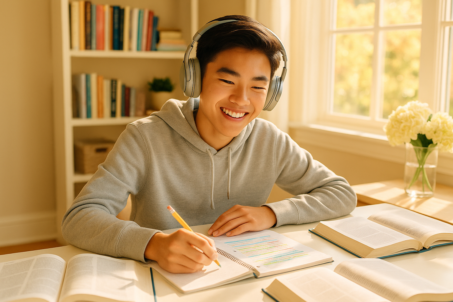 A focused teenage homeschool student working independently at a bright desk with multiple open textbooks and color-coded notes — confident self-directed learning