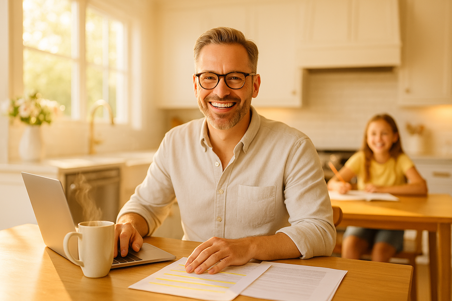 Parent at kitchen table with laptop reviewing homeschool documents with child nearby