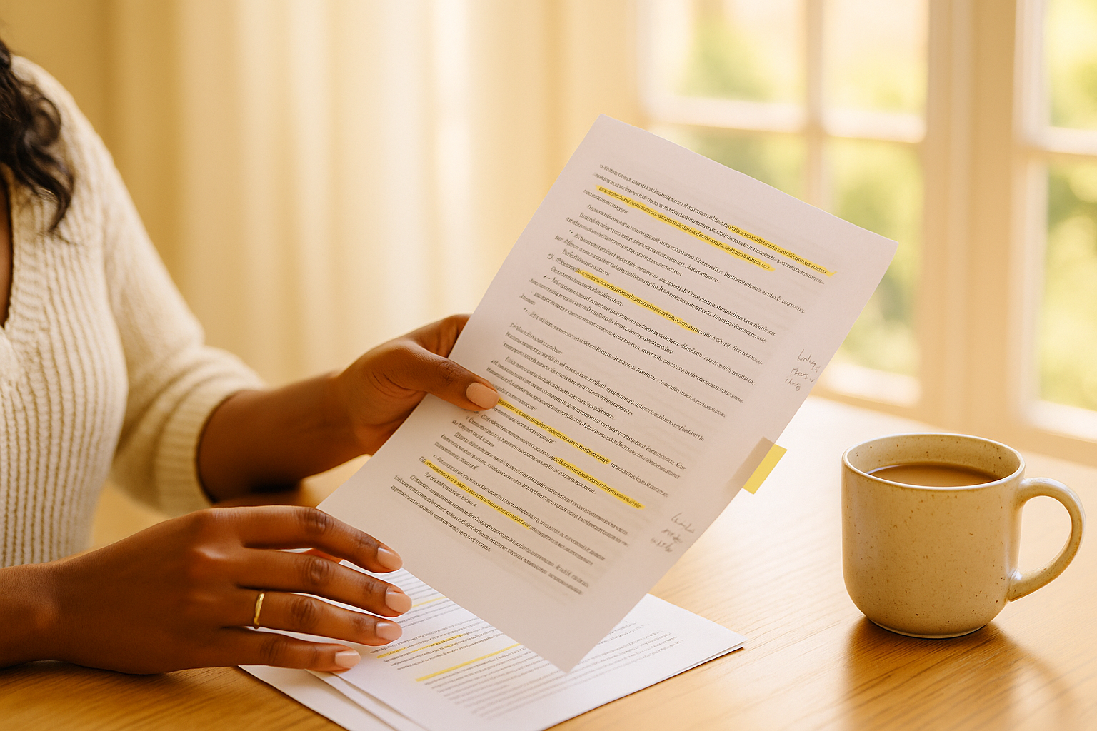 Parent carefully reviewing educational paperwork at a clean home desk