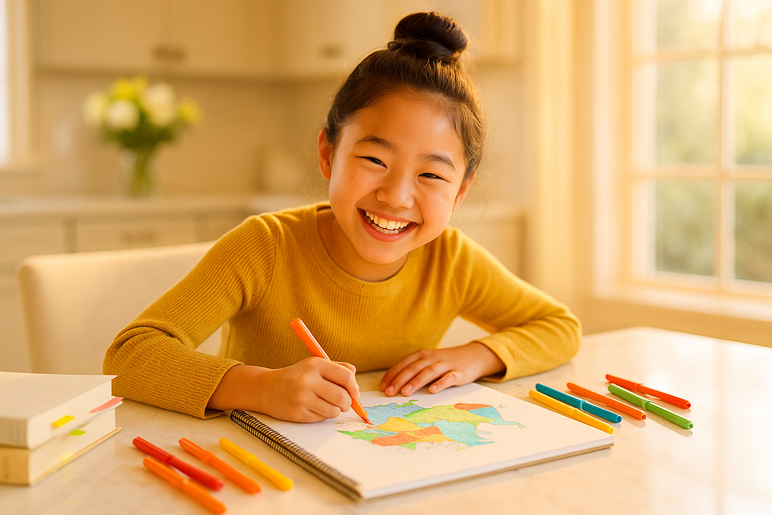 Child happily drawing and writing in a colorful notebook at a home study area