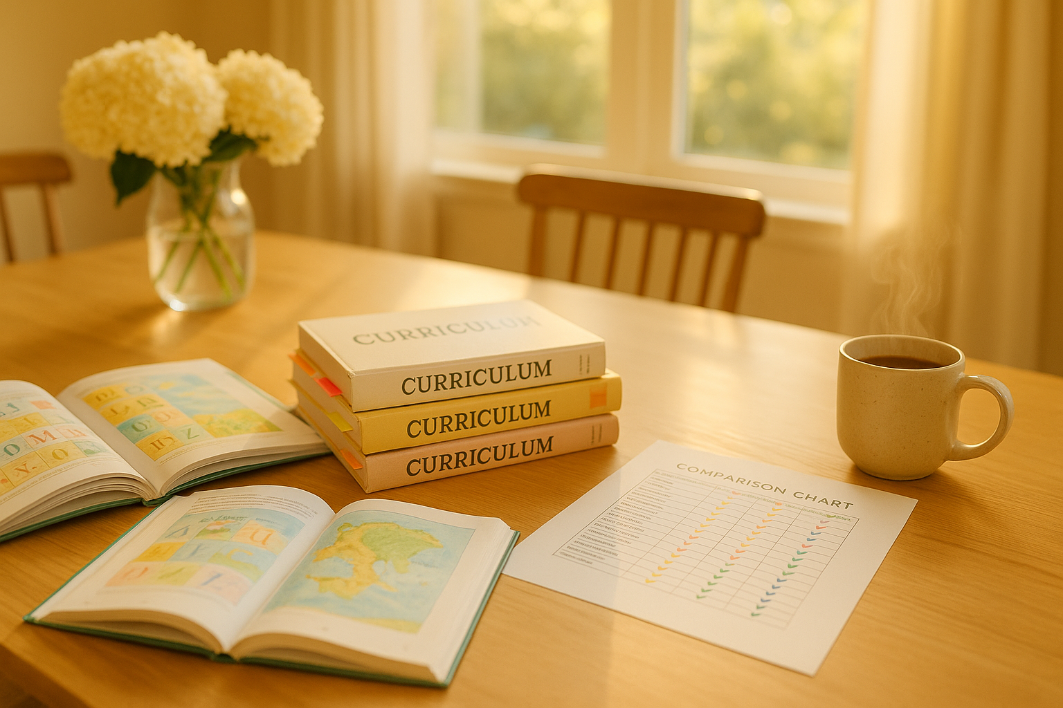 Colorful educational books and curriculum workbooks spread across a warm wooden table