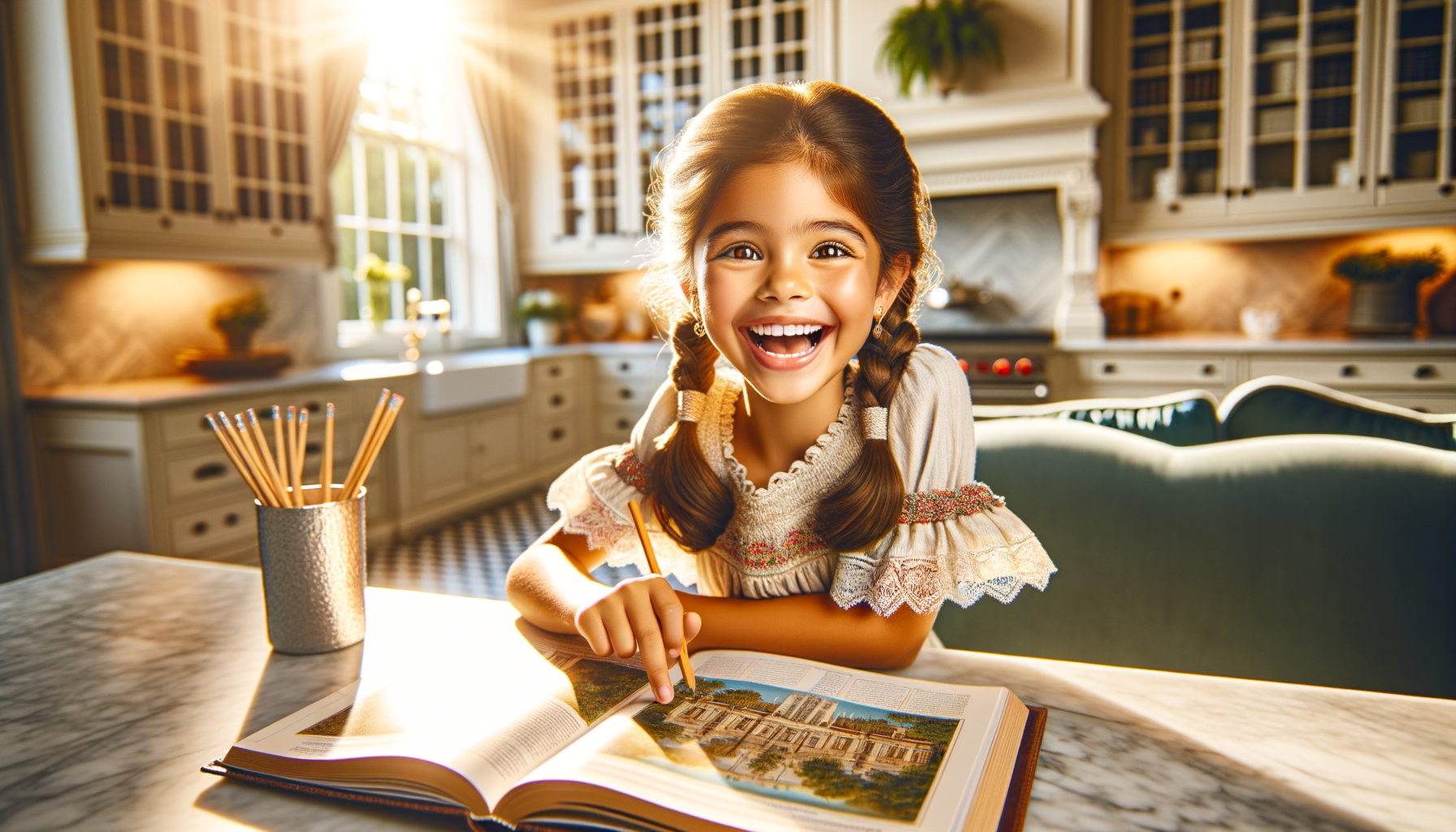 Child reading intently from a colorful educational textbook at a bright home table