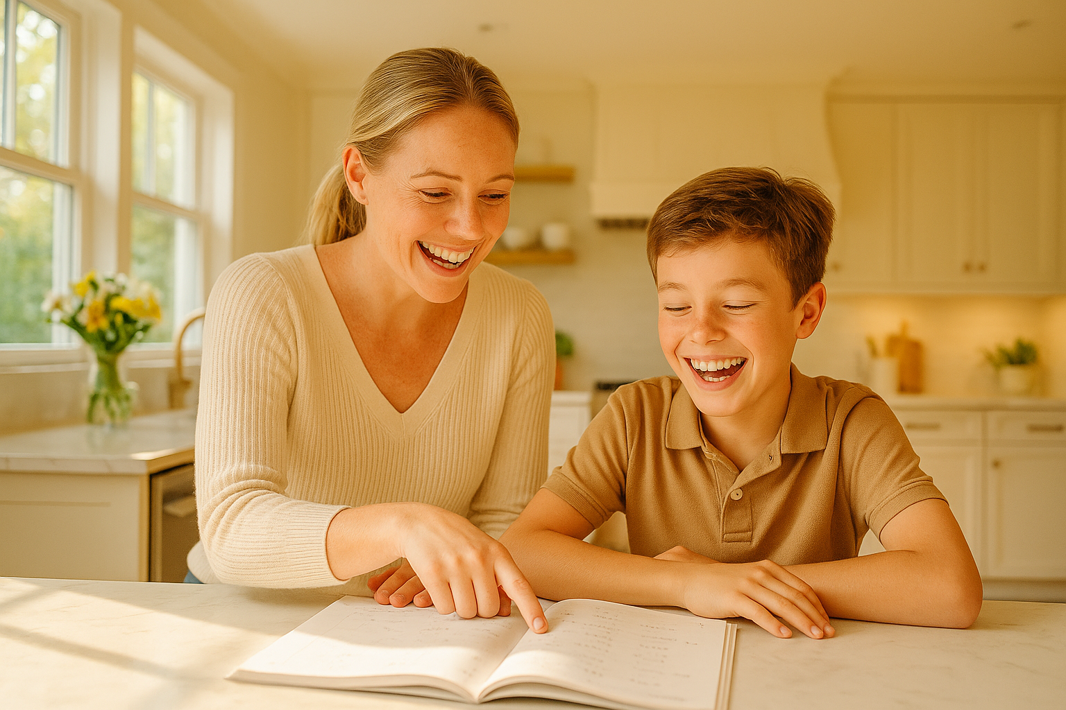 Parent and child sitting side by side at a home study table with warm smiles