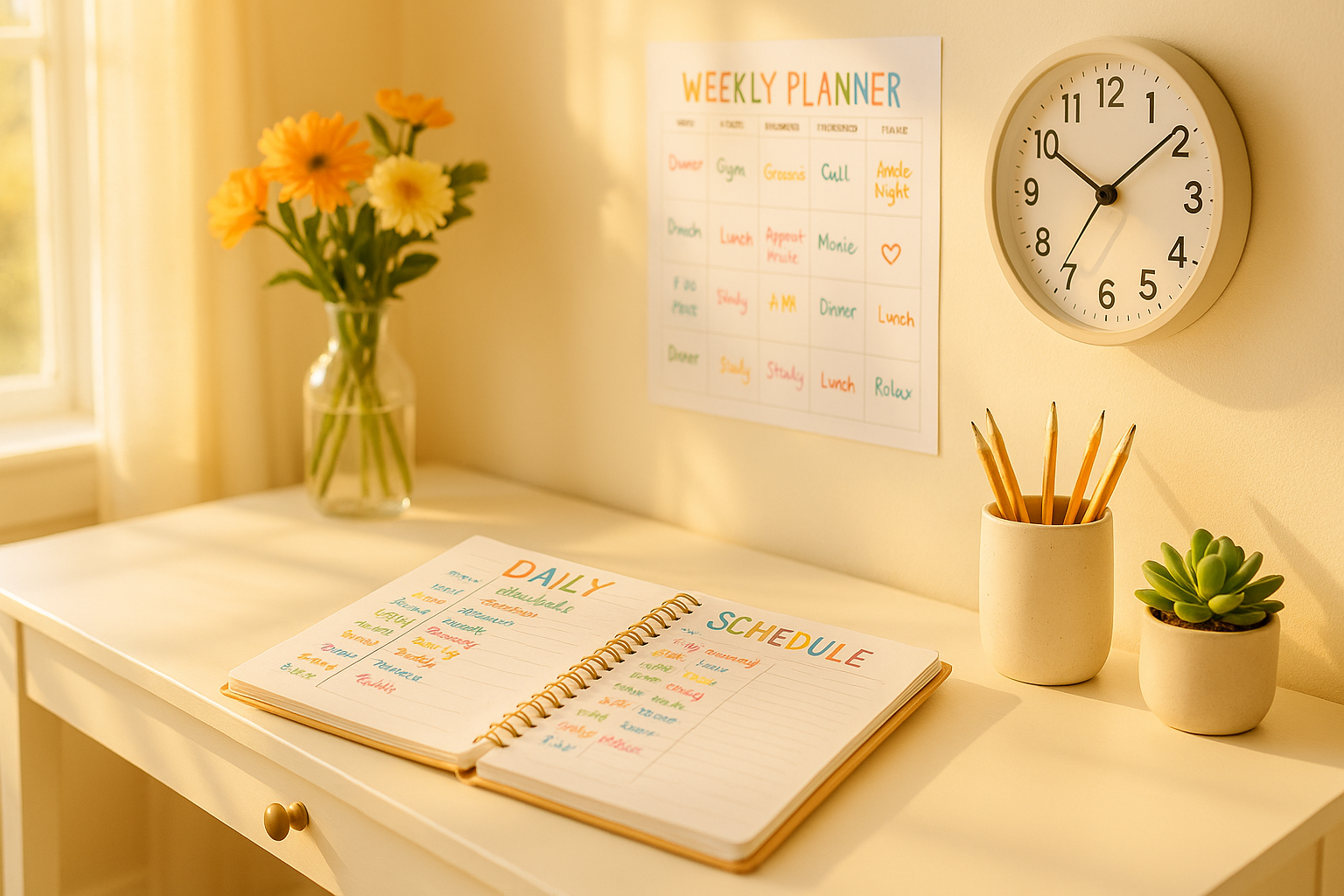 Bright home learning space with a wooden desk, open planner, books, and morning light
