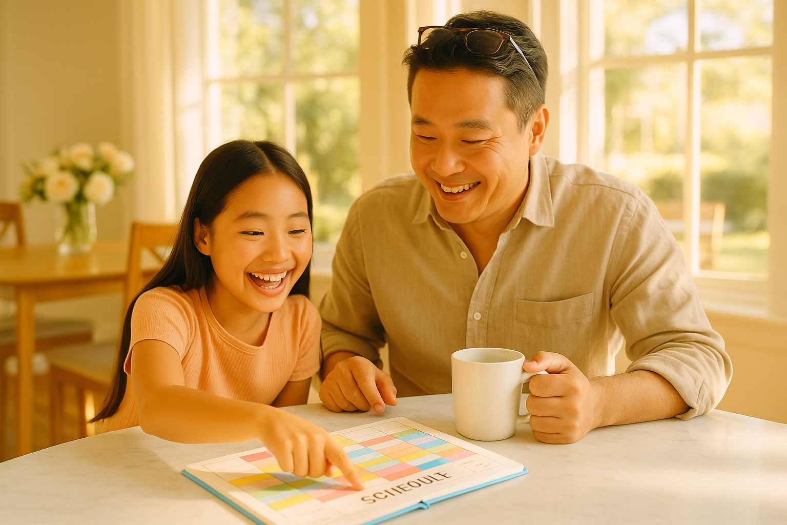 A child and parent reviewing a daily schedule written in a planner at a bright kitchen table