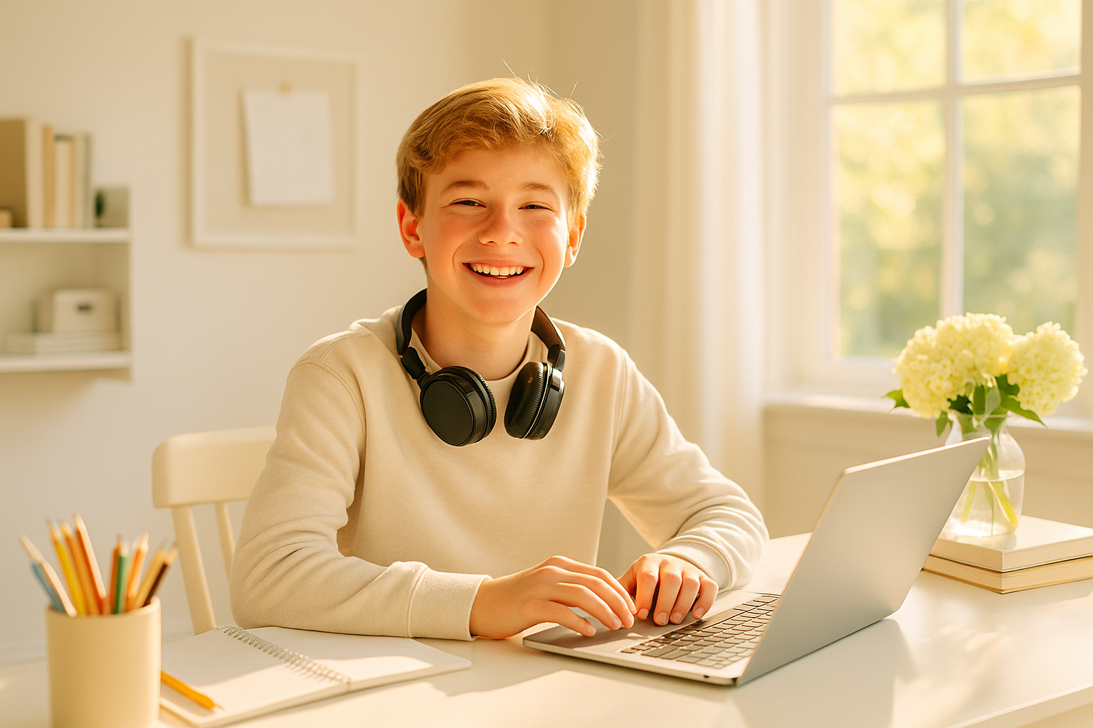 A middle school age child working independently at a home desk with open textbooks and a notebook