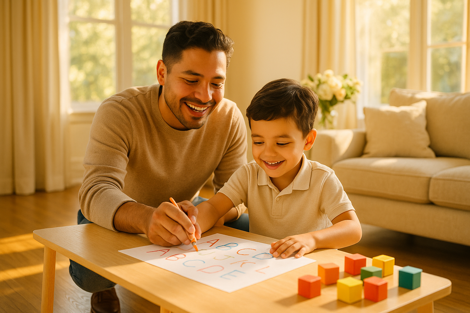 A parent sitting with a young child at a warm bright home table, working through early reading activities together