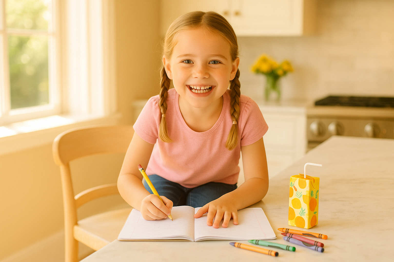 A young child (5-6 years old) working on a simple writing activity at a bright home table with warm natural light