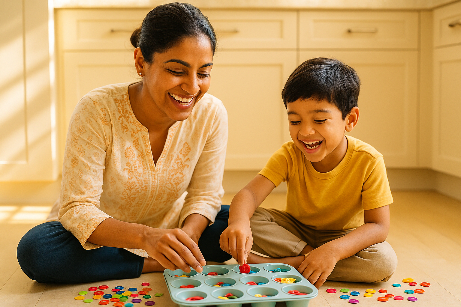 A parent and young child doing a colorful hands-on craft project together at a home table, both engaged and smiling