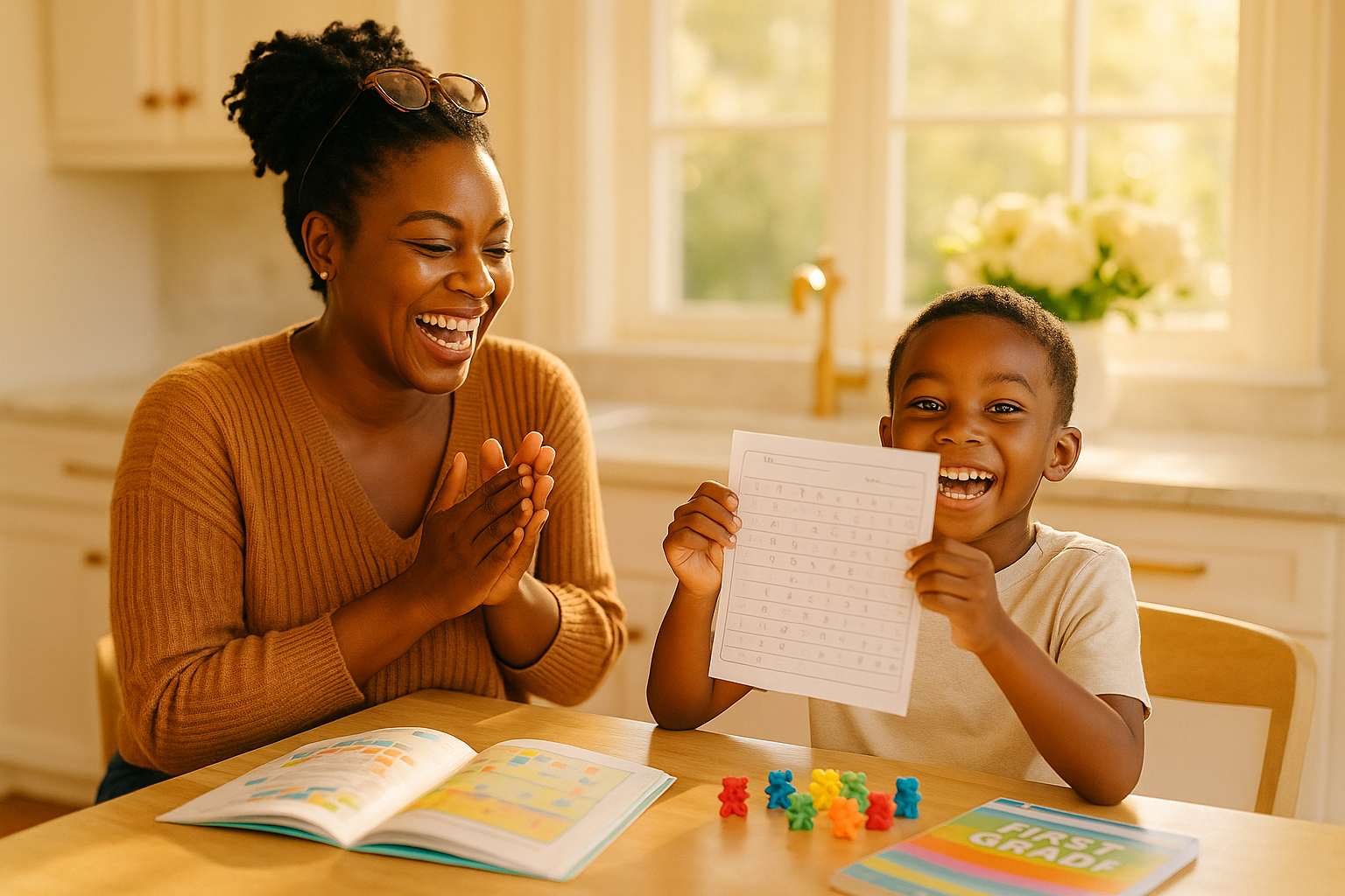 A parent and first-grade child (6-7 years old) working together at a bright home table with open books and colorful learning materials
