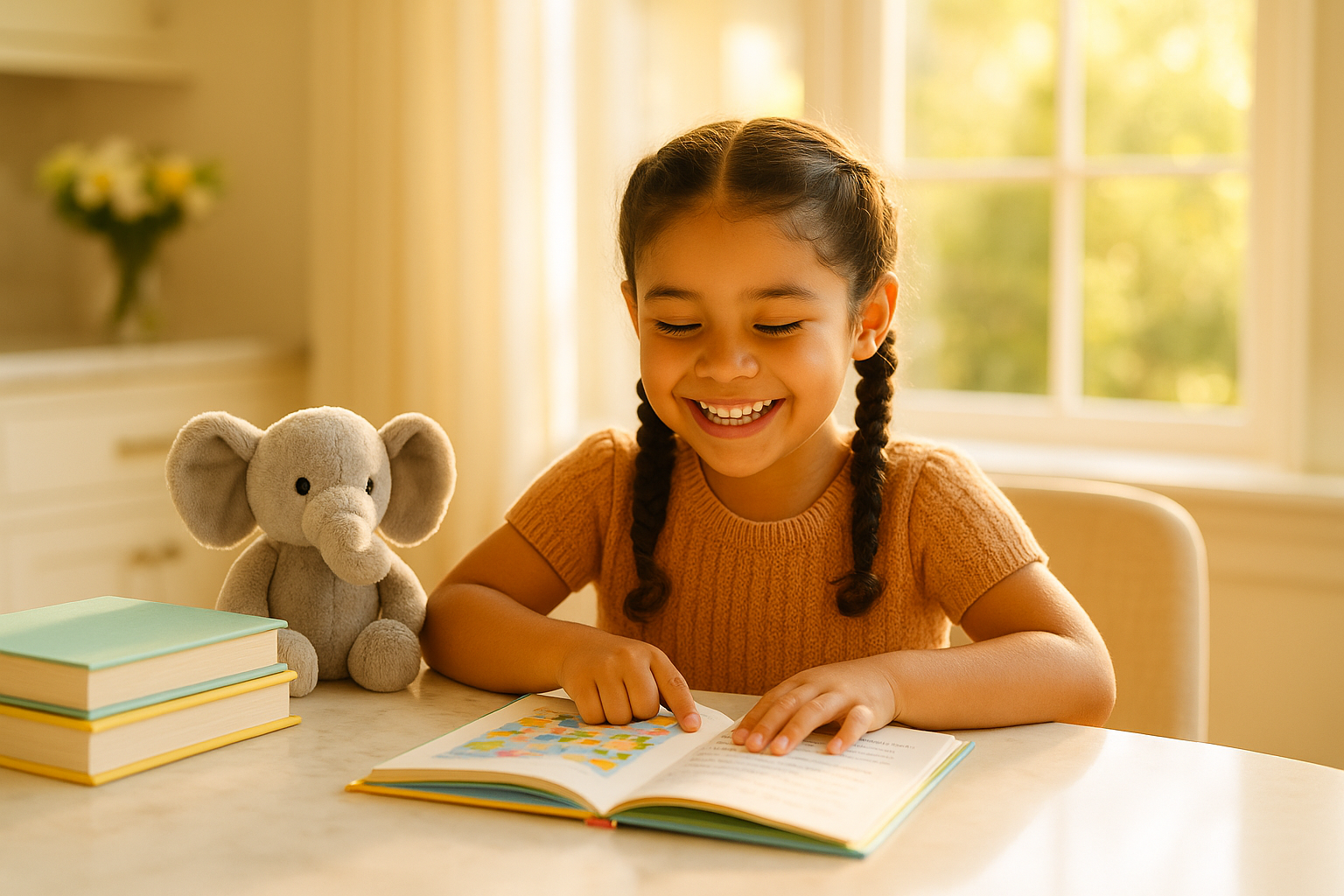 A first-grade child (6-7 years old) reading a simple book independently at a home table, focused and engaged in natural window light