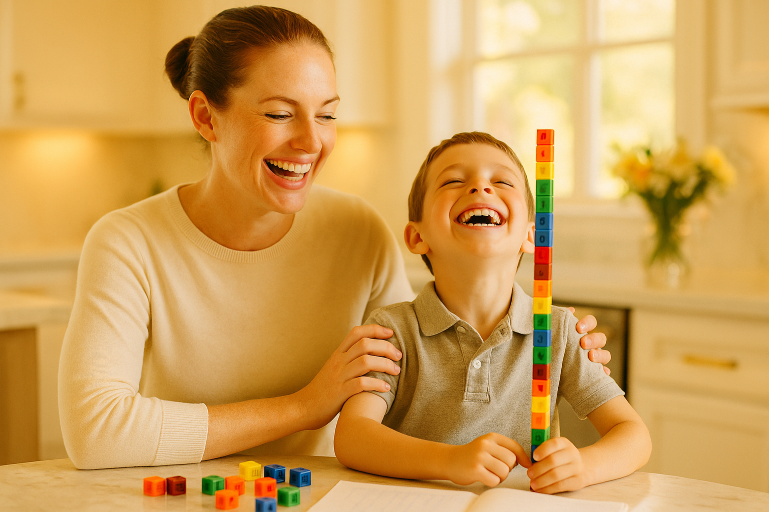 A parent and first-grade child working with colorful counting blocks and math manipulatives at a home table, both engaged and focused
