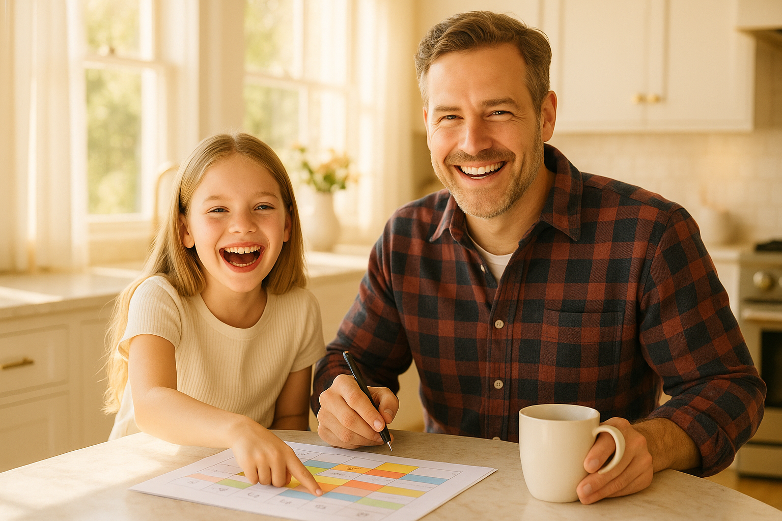A parent and school-age child reviewing a handwritten daily schedule in an open planner at a bright home table, morning light, warm and organized