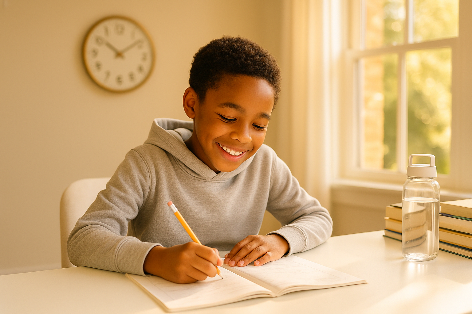 A focused child around age 10 working independently at a bright home desk with open textbooks, pencil in hand, warm natural window light