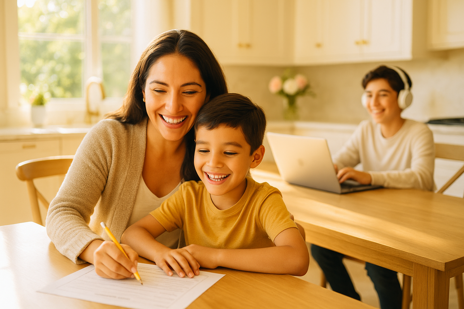 A parent working at a home table with two children of different ages — one doing independent work, one receiving direct instruction — bright morning light, organized home learning space