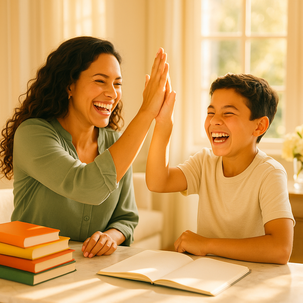 Parent and child high-fiving at a home study desk