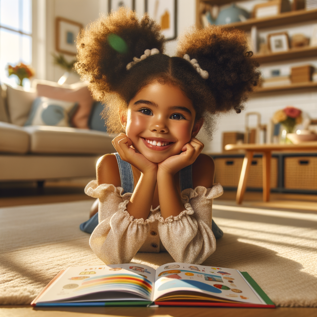 Child reading a colorful science book on the couch