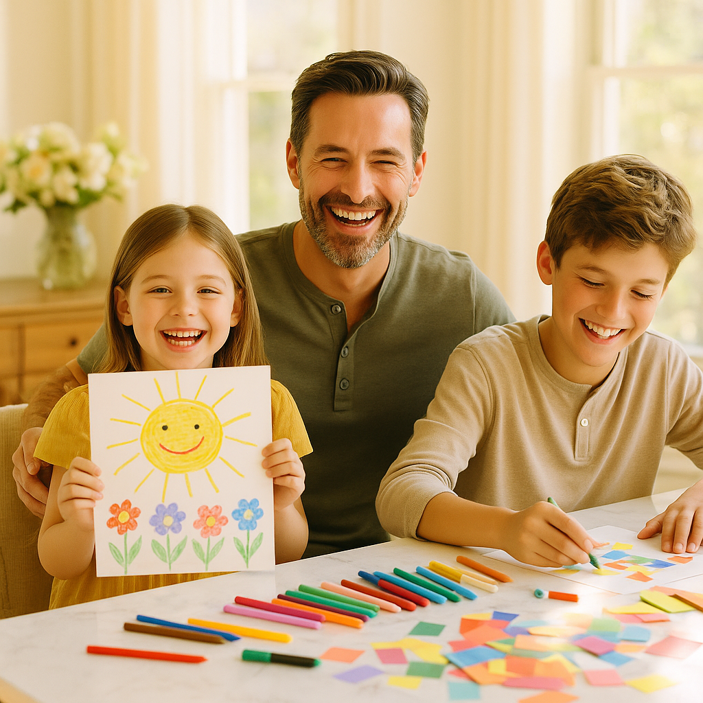 Parent and two children doing a hands-on project at the dining table