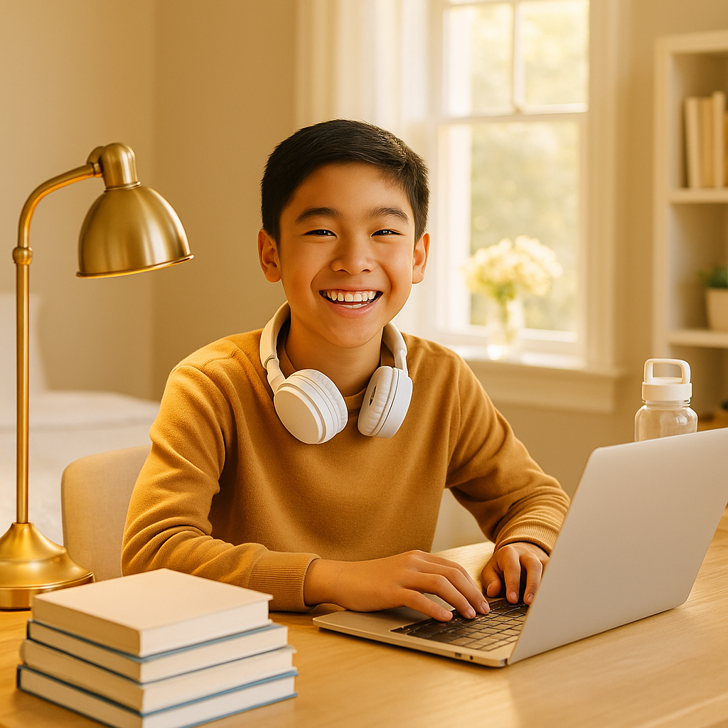Focused child working on a laptop at a home desk