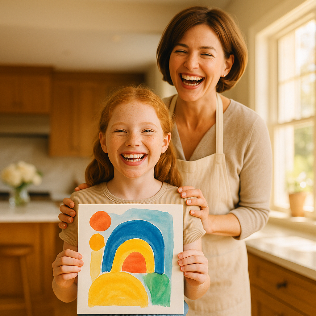 Child proudly showing completed schoolwork to parent at kitchen counter