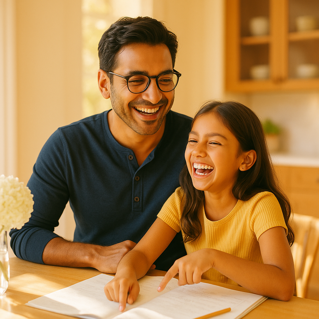 Father and child looking at picture book together with warm smiles